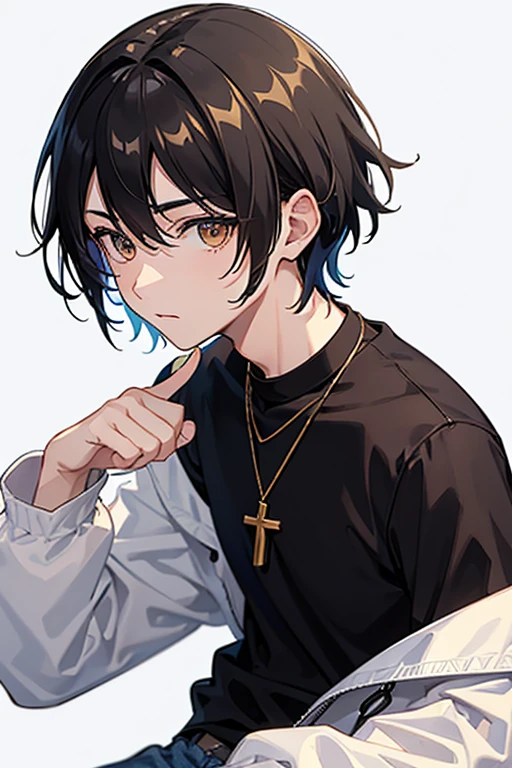 Bennett from Genshin Impact, 16 years old, black hair, brown eyes, open white sweatshirt, black t-shirt, gold cross necklace, blue jeans, looking in profile directly at viewer, white background