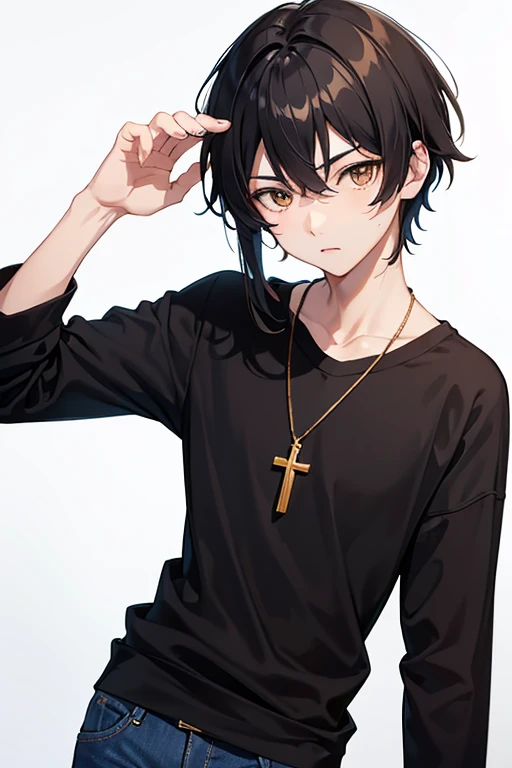 Bennett from Genshin Impact, 16 years old, black hair, brown eyes, open white sweatshirt, black t-shirt, gold cross necklace, blue jeans, looking in profile directly at viewer, white background