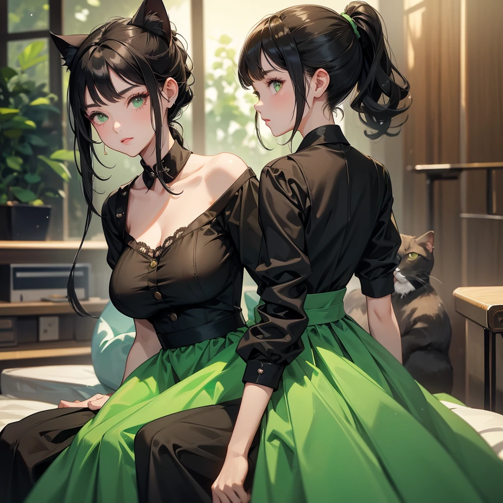 Big Breasts、Cool Girl、Black Hair、High ponytail hairstyle、Green clothes、Black Shirt、Dress freely、Brown tabby cat、Cat Ear Pose、evening、super high quality