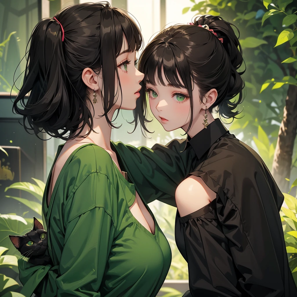 Big Breasts、Cool Girl、Black Hair、High ponytail hairstyle、Green clothes、Black Shirt、Dress freely、Brown tabby cat、Cat Ear Pose、evening、super high quality