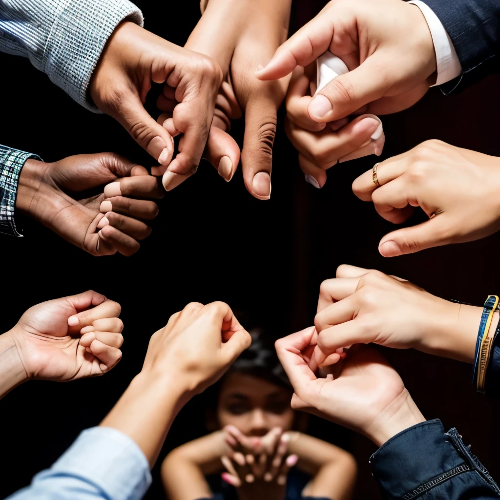 The peoples pointing fingers at themselves in groups.