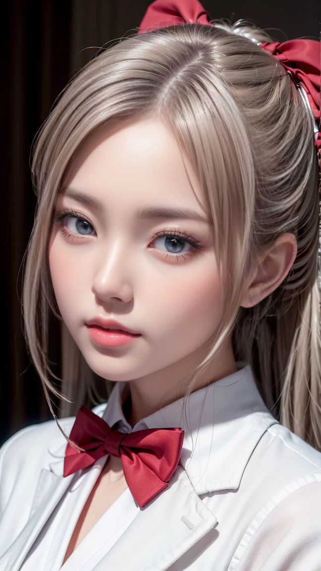 (公園のベンチの前に立っているgirl),Top quality work,Actual work,Ultra Premium Graphics,8K HD CG Works,High quality graphics,High-definition CG works,10x pixels,Extremely fine detail:1.1,Advanced Technical Details:1.1 Photorealistic,Indoor lighting effects:1.5,Natural light:1.5. Light effects(virtual Light effects:1.8),Ultra-high resolution,Shiny赤いドレス,長いSilver Hair,Silver Hair,Transparent Hair,Hair with attention to detail(Premium Hair Detail:1.1)Clear Eyes,Beautiful double eyelids,Sharp eye makeup, Delicate eyelash makeup, Thin eyebrows, Highly detailed eyes,High nose, Nice red lips, Rose Cheeks, A face with subtle makeup , Cute Face, Perfectly balanced face,(Advanced Face Detail:1.1),Shiny,wonderfulドレス,Bright Red Series,(White blazer) 、(White blouse)、(Red bow tie)、(Check skirt)、、girl 、photo shoot,woman'artwork,Full body portrait,realism,wonderful,My eyes are shining today、(smile)