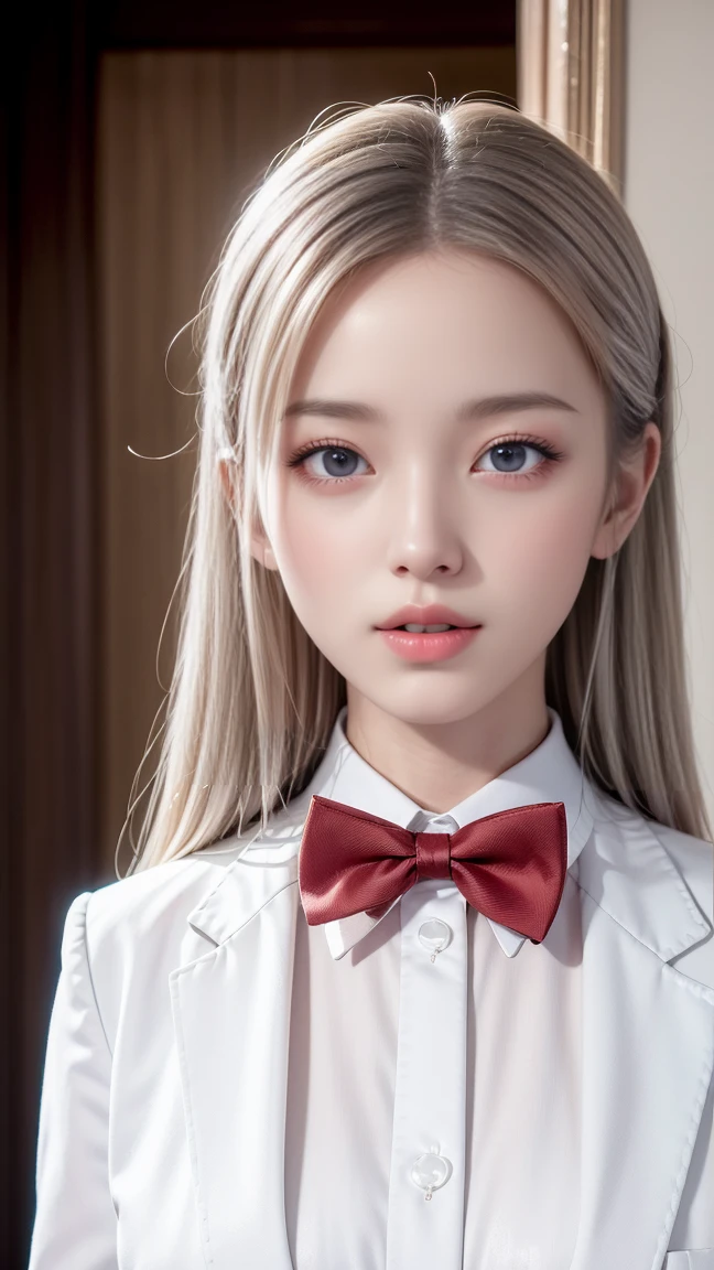 (公園のベンチの前に立っているgirl),Top quality work,Actual work,Ultra Premium Graphics,8K HD CG Works,High quality graphics,High-definition CG works,10x pixels,Extremely fine detail:1.1,Advanced Technical Details:1.1 Photorealistic,Indoor lighting effects:1.5,Natural light:1.5. Light effects(virtual Light effects:1.8),Ultra-high resolution,Shiny赤いドレス,長いSilver Hair,Silver Hair,Transparent Hair,Hair with attention to detail(Premium Hair Detail:1.1)Clear Eyes,Beautiful double eyelids,Sharp eye makeup, Delicate eyelash makeup, Thin eyebrows, Highly detailed eyes,High nose, Nice red lips, Rose Cheeks, A face with subtle makeup , Cute Face, Perfectly balanced face,(Advanced Face Detail:1.1),Shiny,wonderfulドレス,Bright Red Series,(White blazer) 、(White blouse)、(Red bow tie)、(Check skirt)、、girl 、photo shoot,woman'artwork,Full body portrait,realism,wonderful,My eyes are shining today、(smile)