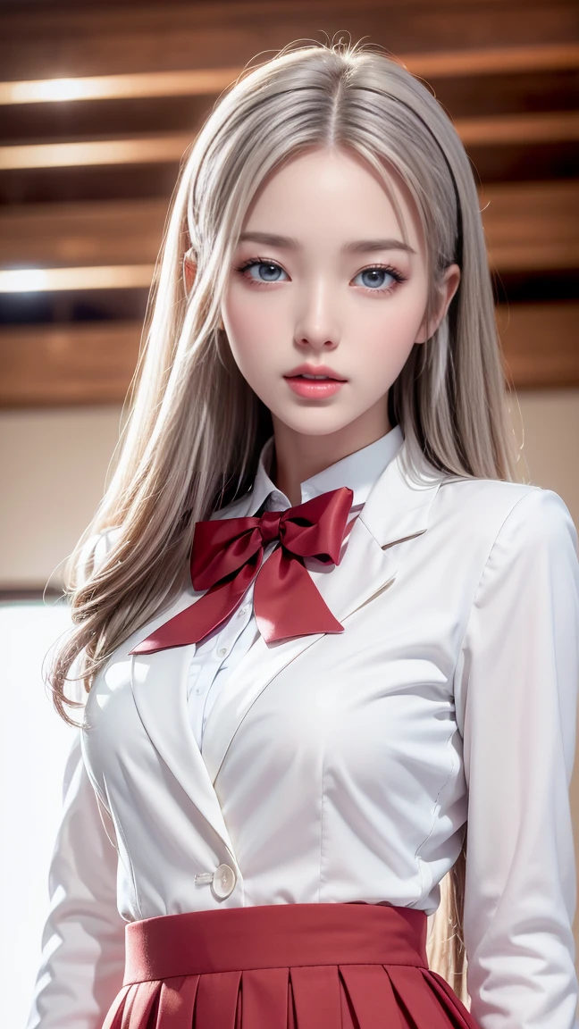 (公園のベンチの前に立っているgirl),Top quality work,Actual work,Ultra Premium Graphics,8K HD CG Works,High quality graphics,High-definition CG works,10x pixels,Extremely fine detail:1.1,Advanced Technical Details:1.1 Photorealistic,Indoor lighting effects:1.5,Natural light:1.5. Light effects(virtual Light effects:1.8),Ultra-high resolution,Shiny赤いドレス,長いSilver Hair,Silver Hair,Transparent Hair,Hair with attention to detail(Premium Hair Detail:1.1)Clear Eyes,Beautiful double eyelids,Sharp eye makeup, Delicate eyelash makeup, Thin eyebrows, Highly detailed eyes,High nose, Nice red lips, Rose Cheeks, A face with subtle makeup , Cute Face, Perfectly balanced face,(Advanced Face Detail:1.1),Shiny,wonderfulドレス,Bright Red Series,(White blazer) 、(White blouse)、(Red bow tie)、(Check skirt)、、girl 、photo shoot,woman'artwork,Full body portrait,realism,wonderful,My eyes are shining today、(smile)