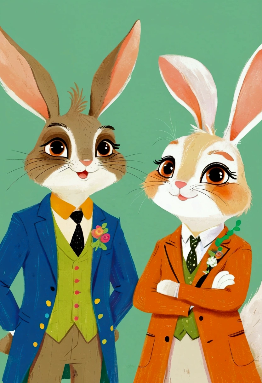 illustration of two rabbit dressed in costumes standing next to each other, rich and colorful! role conception, Similar to the style of Zootopia, Zootopia style, 迪士尼Zootopia style, rabbit, trending on role conception, rabbit, rabbit朋克, rabbit套装, Digital illustration style, Lovely art style, great role conception, interesting role conception, Cute illustrations