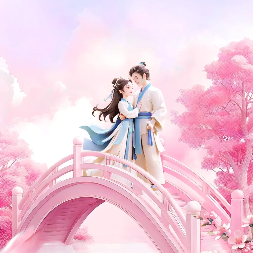A couple stands on a bridge in the park, A beautiful artistic illustration, xianxia fantasy, Lying in the fairyland on the white clouds, Chinese Fantasy, romantic情侣, Fairy tale style background, 男孩 女孩 传统 romantic, Cute couple, sha xi, Beautiful digital artwork, Dōjin works, romantic, in the white clouds fairyland, Beautiful digital art, Beautiful fantasy
