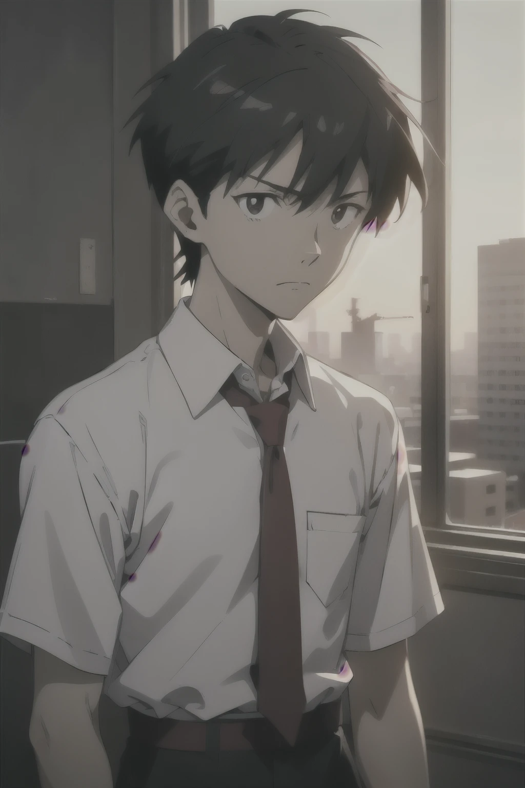 imagem de anime de um homem com gravata e camisa, ((triste)), Shinji, from Evangelion, Shinji ikari, ( Evangelion ), makoto kano, aramaki Shinji, Evangelion anime, neon genesis Evangelion, Shinkai Makoto, imagem de anime shuushuu, end of Evangelion, movie still of robot Evangelion, the end of Evangelion