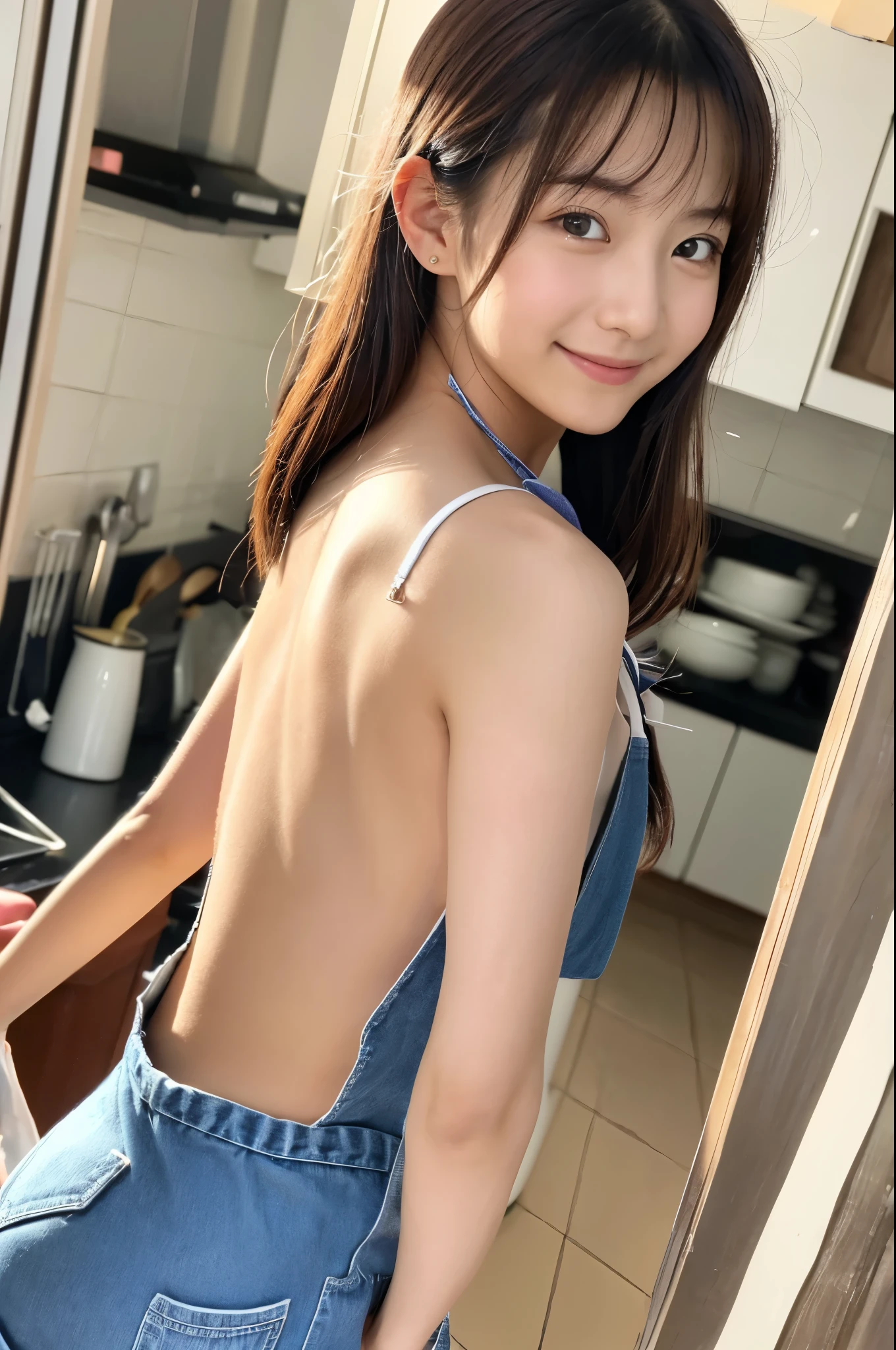 Cute like an idol、Cute and adorable、A 20-year-old girl with a young face、Smiling Kindly、((Naked with only an apron on))、(diagonal rear view)、((A little bit of her butt is visible through the apron))、Too much exposed skin、(whole body像)、whole bodyの姿、(((Cooking on a barbecue grill at a campsite during the day)))、Cleavage、(whole body像)、whole body、Accurate、Anatomically correct、Textured skin、Super detailed、 Attention to detail、Highest quality、High resolution、Genuine、realism、RAW Photos、Genuine、masterpiece