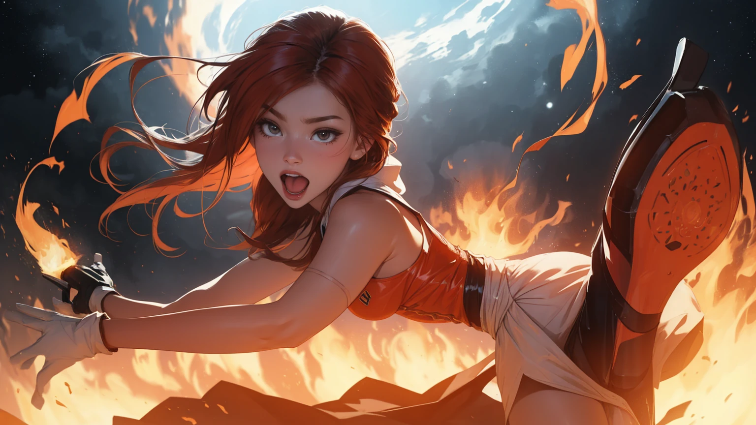 Muchacha ADOLECENTE jugando con fuego, Arda con intensidad, brasas incandescentes, humo arremolinado, Hypnotic action, cabello rojo que fluye, chispas volando, Fearless expression, fondo oscuro, intense illumination, fiery atmosphere, dynamicposes, Belleza peligrosa, Fascinating energy, Burning Passion, Suspenso emocionante, calor intenso, Llama abrasadora, dramatic contrast, Velo ahumado, resplandor ardiente, Danza encantadora, Fuerte presencia, Sombras intermitentes, Obras de arte ardientes, colores vibrantes, Infero ardiente, Hypnotic Flame, Aventura atrevida, Sus ojos brillaban con una luz resplandeciente, Olas de calor, Caen brasas incandescentes, Rendimiento estimulante, Chispas ardientes en la noche, Adrenalina, Calor radiante, Awesome show, Intensidad bruta, A burning passion is unleashed, NSFW