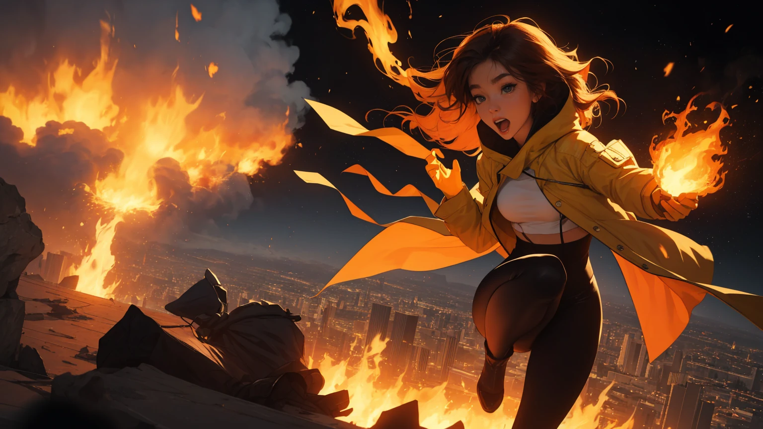 a1 woman，masterpiece, 8K quality, score_9, score_8_highly, score_7_highly,score_6_highly, score_5_highly, score_4_highly , 1 girl, alone,
big ,
DarkphoenixDG,
Long hair, White eyes, Red hair, glowing eyes, no phighlyils, 
yellow sash, skintight, multicoloroter Body, roter Body, Latex, yellow gloves, yellow shoes, high heeled boots, 
space, galaxy, 
open mouth, Half Closed Eyes,
light particles, Magik, ((火)), fiery hair,((pyrokinesis)), swirling 火, surrounded by 火, ,(main part:1.2) whole body.), (Anime Style), (Super Detailed), (brutal), (uhd, HDR), (8k), (High Resolution: 1.2), (Complex and Beautiful: 1.2), cowboy shot, brilliant, brilliant hair, (night:1.2),Dreamy, [[gentle fingers and hands:0.55]::0.85],(detailed fingers),),(emotional),(breathtaking),(main part:1.2) whole body.), (Anime Style), (Super Detailed), (brutal), (uhd, HDR), (8k), (High Resolution: 1.2), (Complex and Beautiful: 1.2), [[gentle fingers and hands:0.55]::0.85],(detailed fingers),),(emotional),(breathtaking),(main part:1.2) whole body.), (Anime Style), (Super Detailed), (brutal), (uhd, HDR), (8k), (High Resolution: 1.2), (Complex and Beautiful: 1.2)