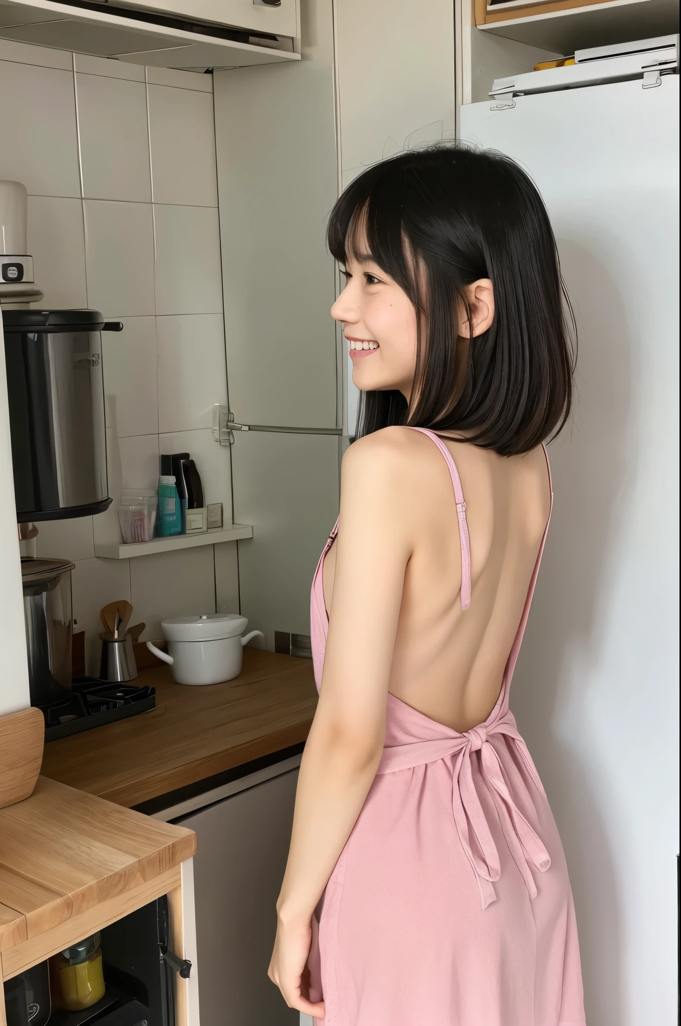 Cute like an idol、Cute and adorable、A 20-year-old girl with a young face、Smiling Kindly、Naked with only an apron on、Naked under the apron、Cleavage、((Back view))、(((I can see her butt through her apron)))、((kitchen))、whole body、Accurate、Anatomically correct、Textured skin、Very detailed、 Attention to detail、Highest quality、High resolution、Genuine、Indistinguishable from live-action、realism、Real Stick、RAW Photos、Genuine、masterpiece