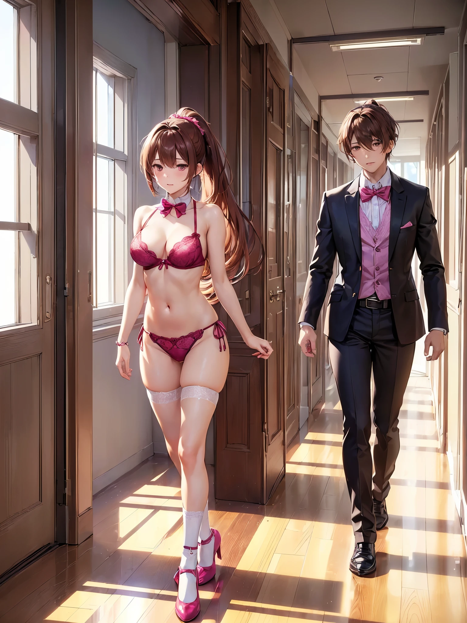 (((masterpiece, Highest quality, High resolution, 超High resolution, Perfect Pixel, Depth of written boundary, 4K, RTTX 10.0))), Beautiful Anime Woman, Beautiful art style, Anime characters, ((Smooth texture, Realistic texture, Anime CG Style)), Perfect and accurate finger count、Exact number of legs、(Exact number of arms:1.0, Exact number of hands:1.0), (Perfect hands, Perfect Anatomy), Cinematic, Realistic, Extremely detailed CG, Daytime lighting, Perfect lighting, Best Shadow, The best natural light, whole body, Perfect body, バランスのとれたPerfect body, Perfectly balanced style, Soft body, Slender body, ((bangs, Reddish brown hair, Long Hair, ponytail)), ((A cute adult woman is walking:1.8)), ((Bow tie around neck:1.3), (Sexy and cute magenta underwear:1.3), (Stylish shiny magenta satin panties, Side-tie panties, Panties with plain magenta center and lace decoration on the sides:1.3), (Magenta Micro Lace Satin Bra, Magenta bra with oversized lace trim around the edges:1.3), (Knee-high socks:1.3):1.4), (Beautiful big boobs:1.1), (Embarrassed expression:1.5), blush, (School corridor, Corridor with windows, Long corridor, In the background, there are many male students walking., The boys are paying attention to the girls:1.7), naked, In underwear, Only bra, panties and knee socks, School shoes, Angle from below the front