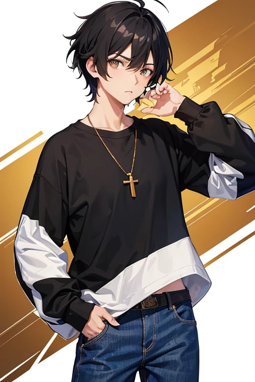 Bennett from Genshin Impact, 16 years old, black hair, brown eyes, open white sweatshirt, black t-shirt, gold cross necklace, blue jeans, looking in profile directly at viewer, white background
