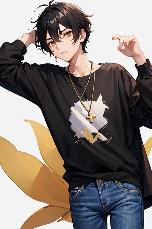 Bennett from Genshin Impact, 16 years old, black hair, brown eyes, open white sweatshirt, black t-shirt, gold cross necklace, blue jeans, looking in profile directly at viewer, white background