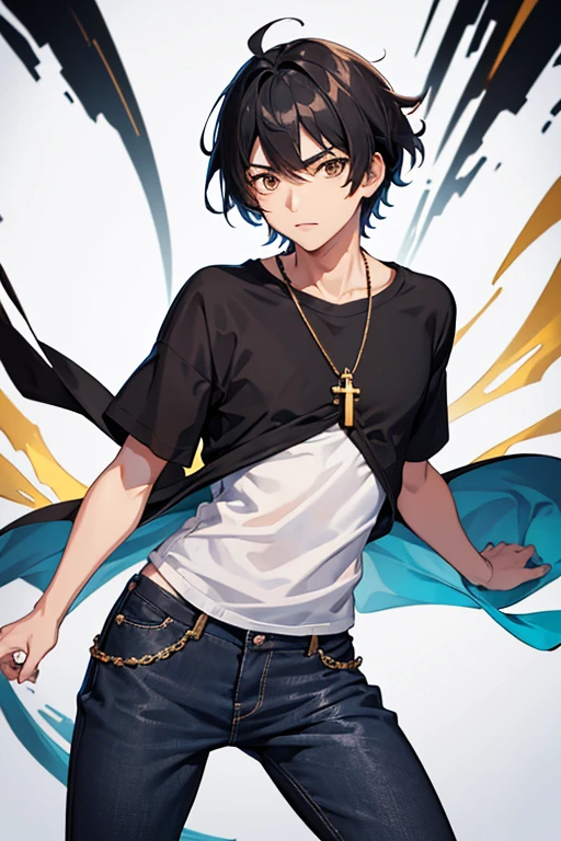 Bennett from Genshin Impact, 16 years old, black hair, brown eyes, open white sweatshirt, black t-shirt, gold cross necklace, blue jeans, looking in profile directly at viewer, white background