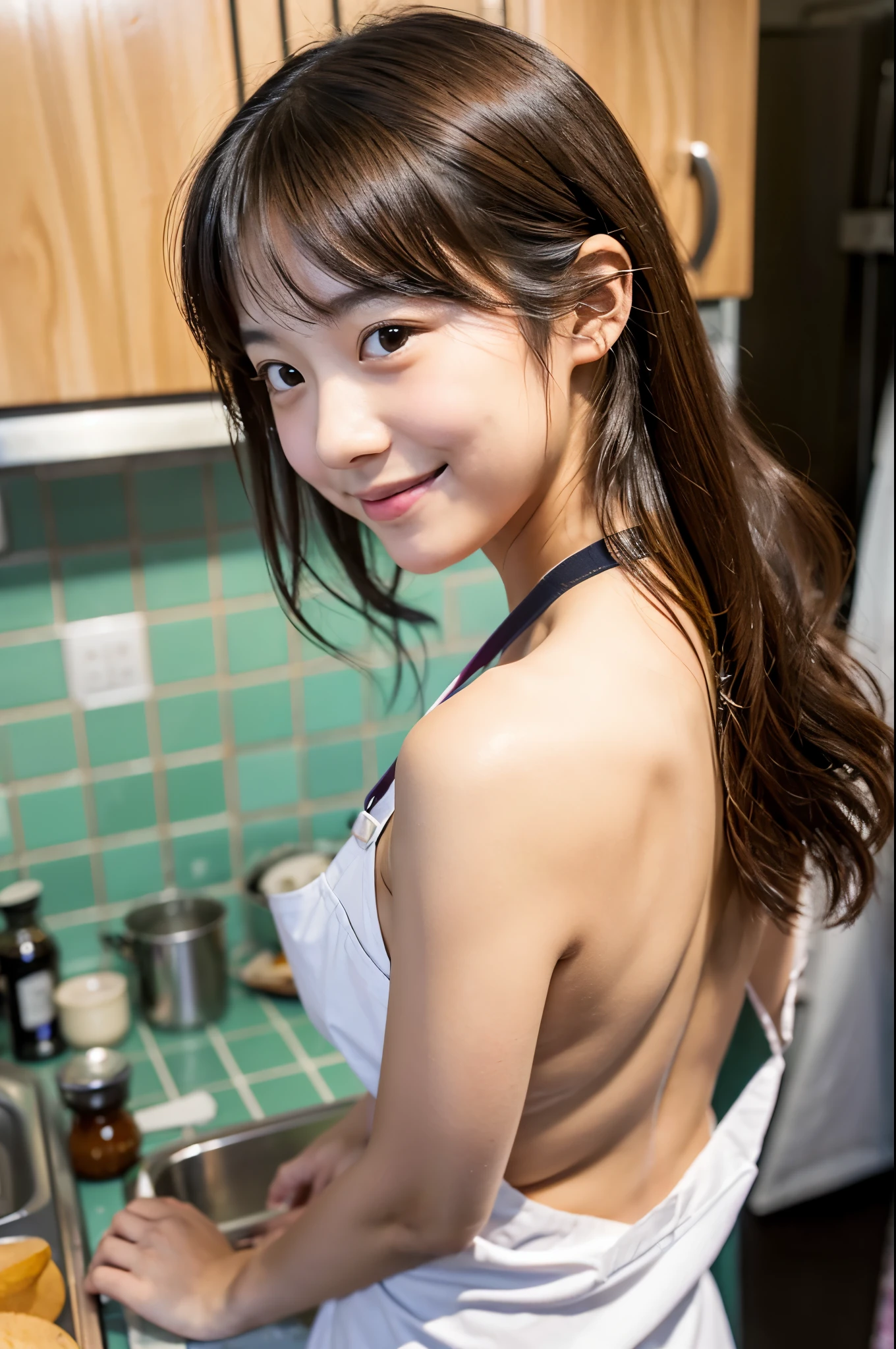 Cute like an idol、Cute and adorable、A young girl with a young face、Smiling Kindly、Naked with only an apron on、Naked under the apron、Cleavage、((Back view))、(((I can see her butt through her apron)))、((kitchen))、whole body、Accurate、Anatomically correct、Textured skin、Very detailed、 Attention to detail、Highest quality、High resolution、Genuine、Indistinguishable from live-action、realism、Real Stick、RAW Photos、Genuine、masterpiece