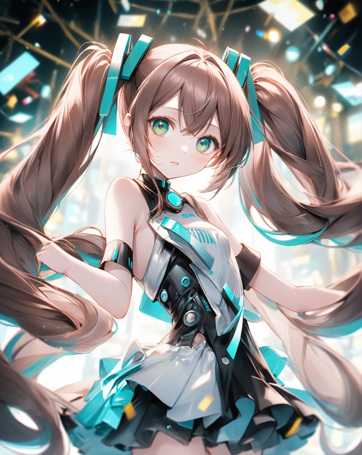 (Highest quality,8k,32K,masterpiece,Ultra-high resolution :1.2 ),born,One girl,Super cute,Natural light,Clear, shining eyes,20-year-old,Fair skin,Electronic world fantasy background,Brown Hair,Hatsune Miku,Hatsune Miku髪の色,Hair color between green and blue,Twin tails