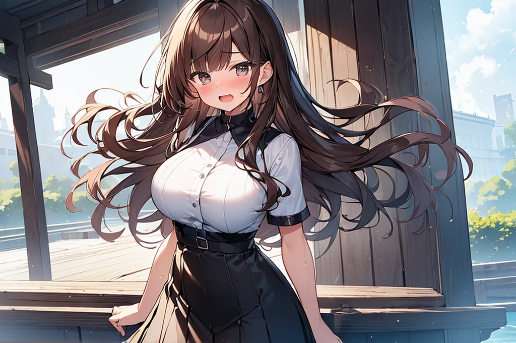 (Masterpiece, Top quality: 1.5), (1 girl, solo :1.2), (cute design short-sleeved shirt, midi skirt:1.4), (large breasts:1.4), standard weight, (brown hair:1.4), (airy hair, wavy hair:1.3), long hair ,asymmetry bangs, swept bangs, , angry:1.4, (flustered:1.3), sexual climax:1.3, beautiful scene of outdoor, dynamic pose, magnificent panorama view, wet:1.1, open mouth