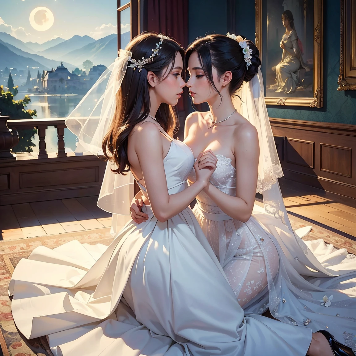 (masterpiece, highest quality, official art, beauty and aesthetic:1.5), (perfect anatomy, perfect hands), two stunning bride is deeply in love with each other, kiss, romantic atmosphere, flower and moon, magnificent panorama view