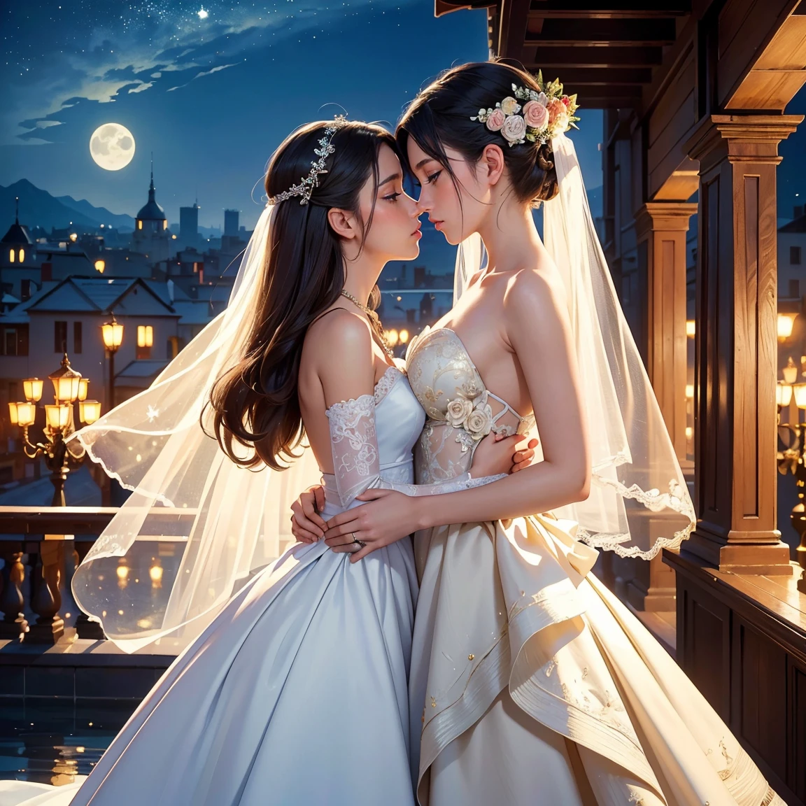 (masterpiece, highest quality, official art, beauty and aesthetic:1.5), (perfect anatomy, perfect hands), two stunning bride is deeply in love with each other, kiss, romantic atmosphere, flower and moon, magnificent panorama view