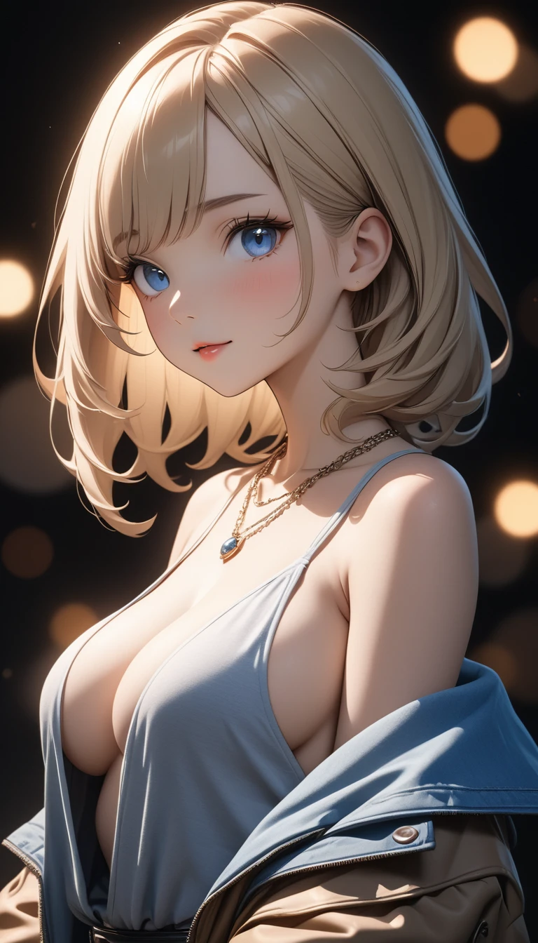最high quality, masterpiece, High resolution, girl, blonde, blue eyes, Fashion Clothing, necklace, jewelry, Pretty face, Perfect breasts, is more than_body, Tyndall effect, Real, Dark studio, Side lighting, 2-color illumination, (HD Skins:1.2), 8k Ultra HD, Soft Light, high quality, Volumetric lighting, Frank, photograph, High resolution, 8k, Bokeh, Short depth of field,,