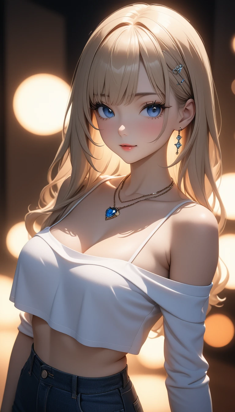 最high quality, masterpiece, High resolution, girl, blonde, blue eyes, Fashion Clothing, necklace, jewelry, Pretty face, Perfect breasts, is more than_body, Tyndall effect, Real, Dark studio, Side lighting, 2-color illumination, (HD Skins:1.2), 8k Ultra HD, Soft Light, high quality, Volumetric lighting, Frank, photograph, High resolution, 8k, Bokeh, Short depth of field,,