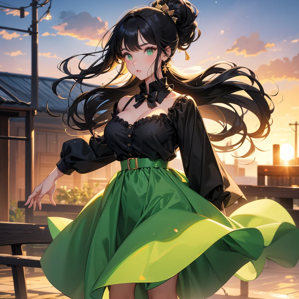Big Breasts、Cool Girl、Black Hair、High ponytail hairstyle、Green clothes、Black Shirt、Dress freely、Brown tabby cat、Cat Ear Pose、sunset、super high quality