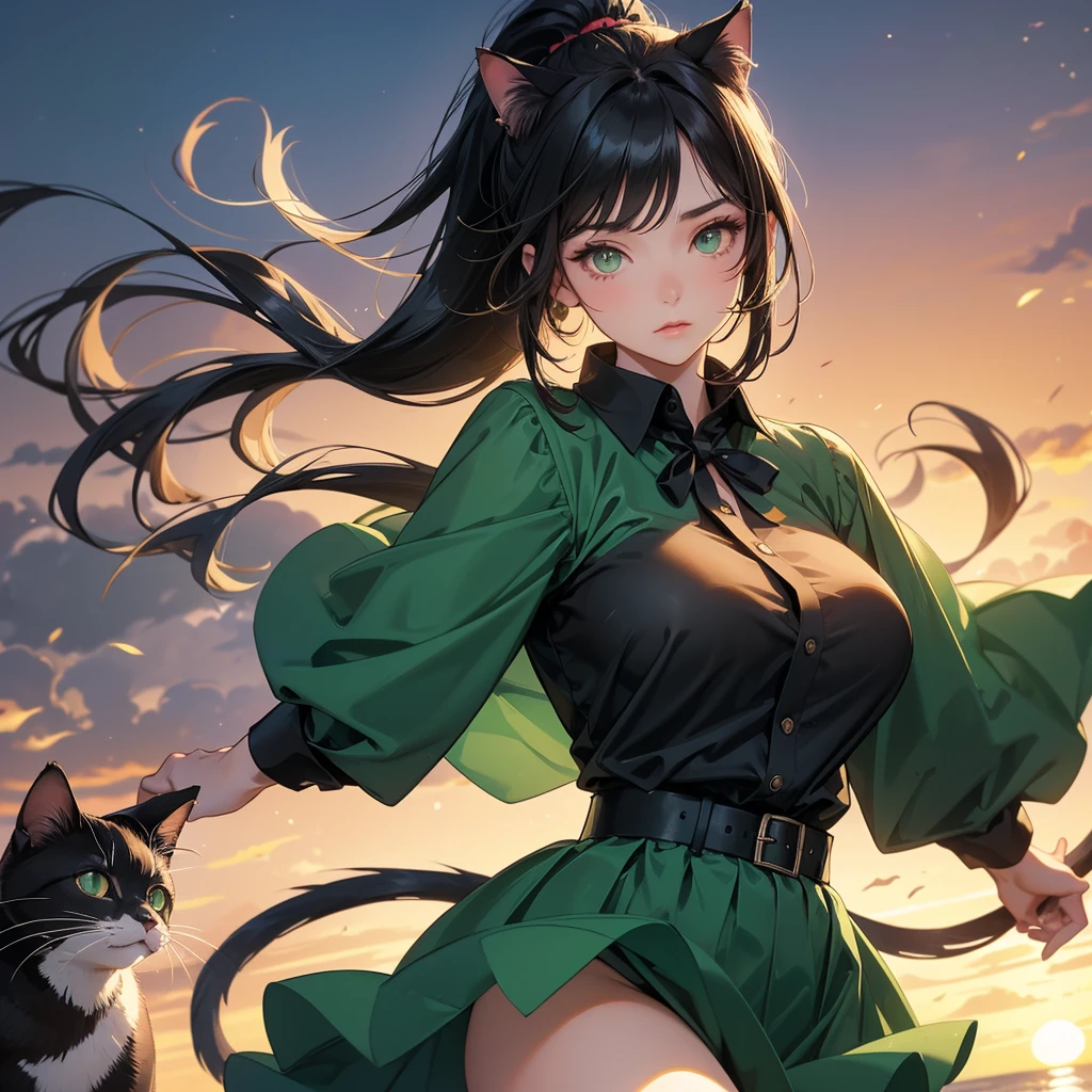 Big Breasts、Cool Girl、Black Hair、High ponytail hairstyle、Green clothes、Black Shirt、Dress freely、Brown tabby cat、Cat Ear Pose、sunset、super high quality