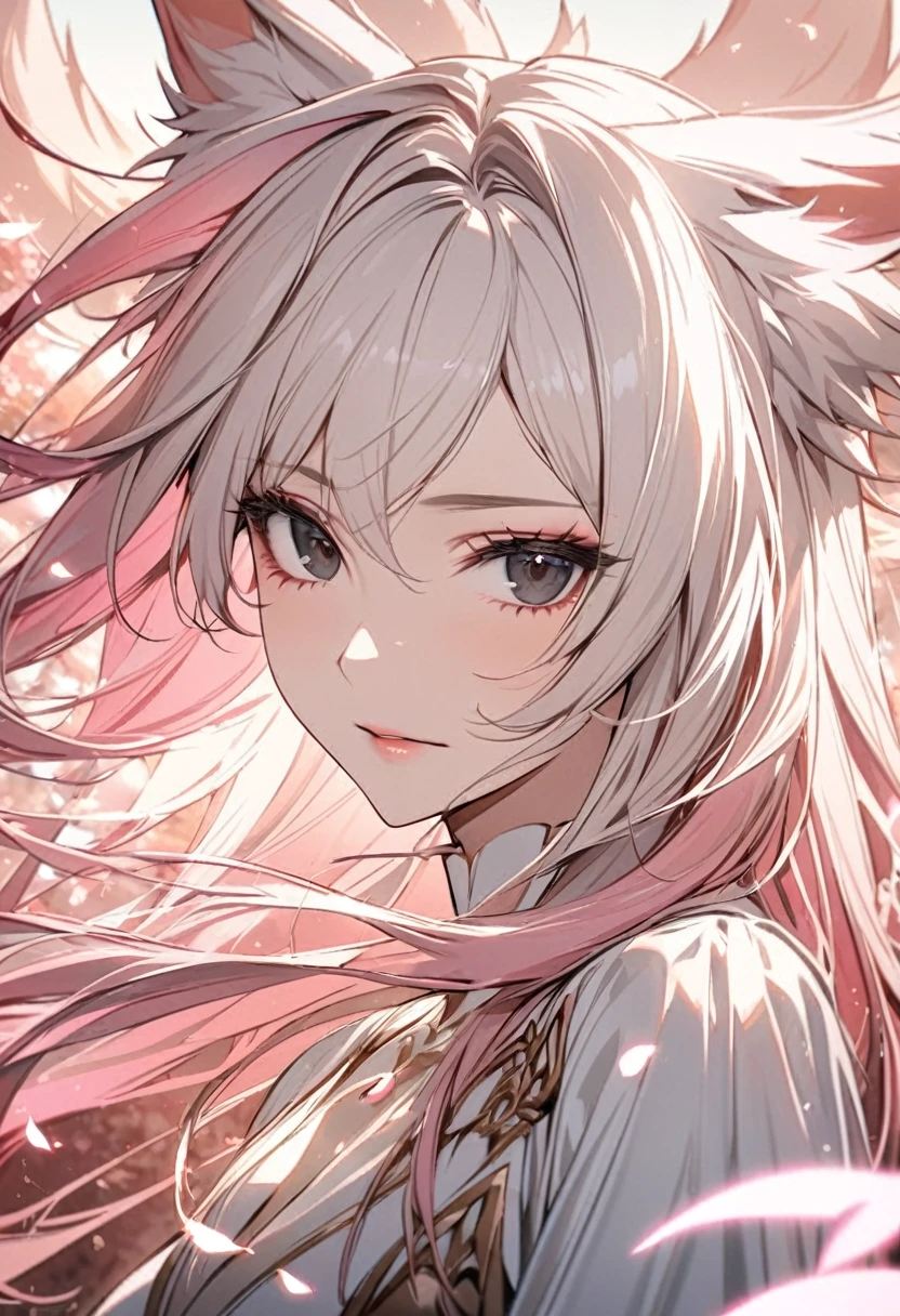 female, nine-tailed female, female fox, nine-tailed fox, fox ears, white hair, pink hair, long hair, black eyes, pretty, beautiful, beautiful color, mature, dress, flying petals, super detail, beautiful color,peerless beauty, pure, adult, maine face, front face, small eyes, long chin
