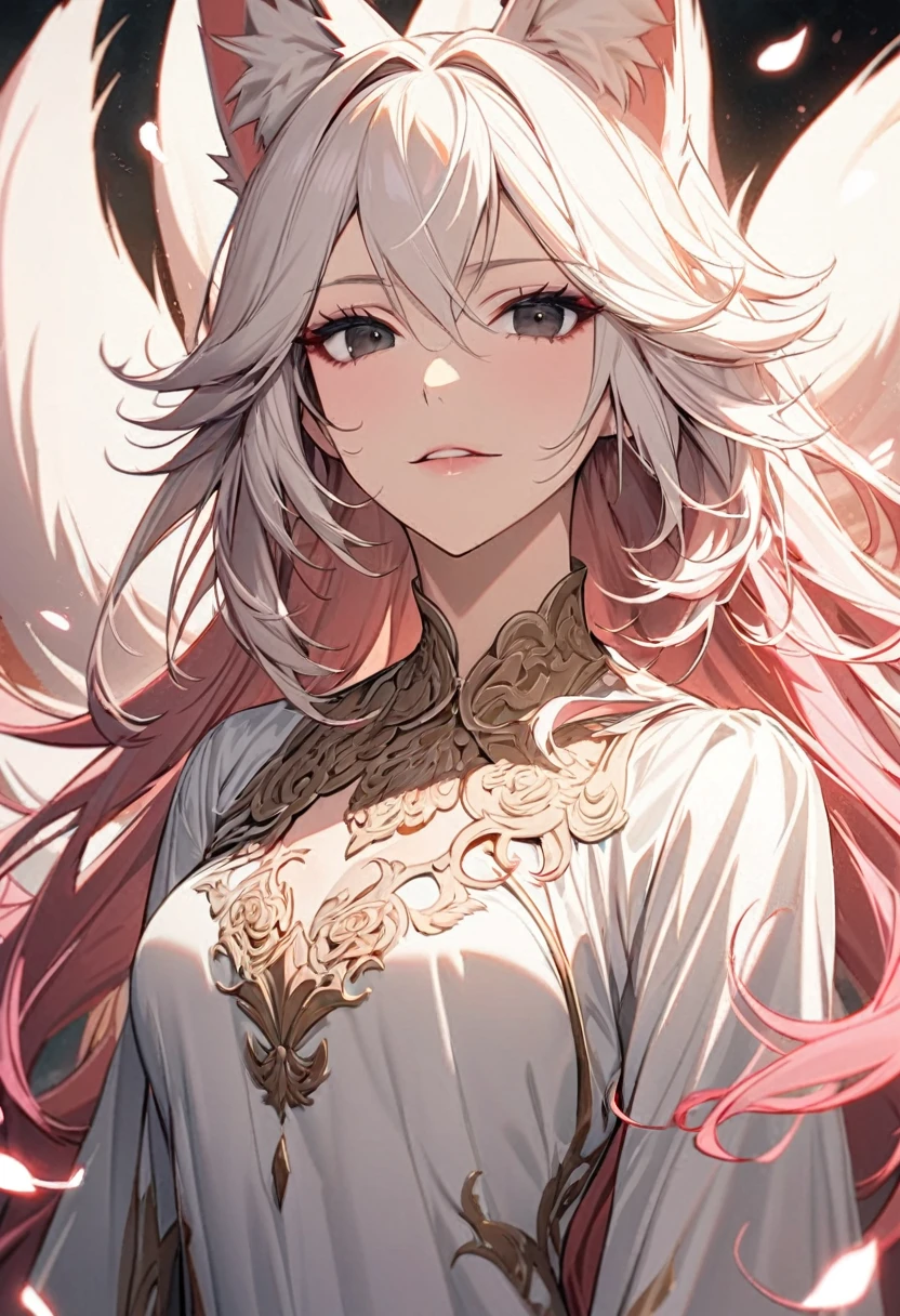 female, nine-tailed female, female fox, nine-tailed fox, fox ears, white hair, pink hair, long hair, black eyes, pretty, beautiful, beautiful color, mature, dress, flying petals, super detail, beautiful color,peerless beauty, pure, adult, maine face, front face, small eyes, long chin