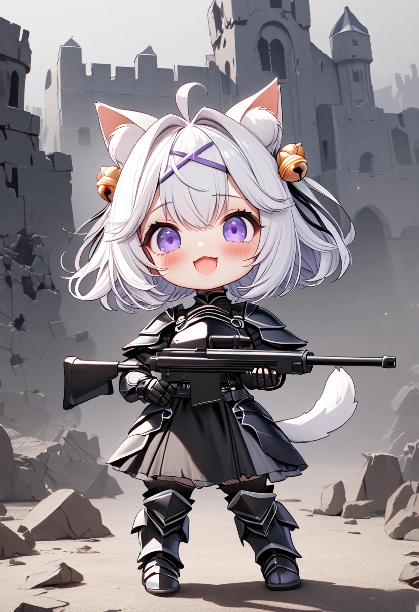 master piece, best quality, ultra-detailed, illustration, 1girl, solo, chibi, (big head), cute pose, front view, looking at viewer, ((full body Close up)), Filiansailor, (purple hairclip:1.5), (hair bell:1.5), white hair, short hair, cat ears, ahoge, purple eyes, blush, open mouth, laughing, fluffy tail, black knight armor, short cape, metal breastplate, black gauntlet, armored skirt, metal greaves, armored boots, (holding machine gun:1.5) battlefield background, gloomy atmosphere, broken castle, broken walls, broken windows