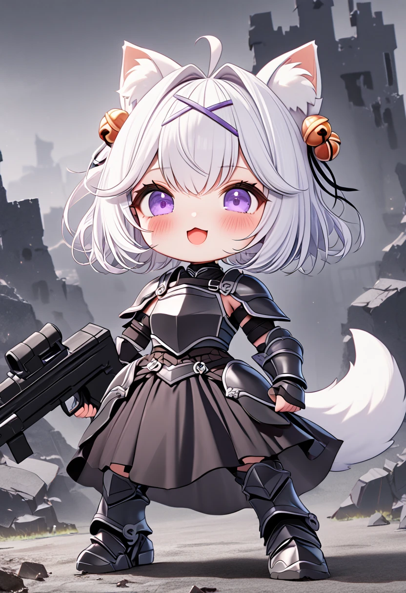 master piece, best quality, ultra-detailed, illustration, 1girl, solo, chibi, (big head), cute pose, front view, looking at viewer, ((full body Close up)), Filiansailor, (purple hairclip:1.5), (hair bell:1.5), white hair, short hair, cat ears, ahoge, purple eyes, blush, open mouth, laughing, fluffy tail, black knight armor, short cape, metal breastplate, black gauntlet, armored skirt, metal greaves, armored boots, (holding machine gun:1.5) battlefield background, gloomy atmosphere, broken castle, broken walls, broken windows