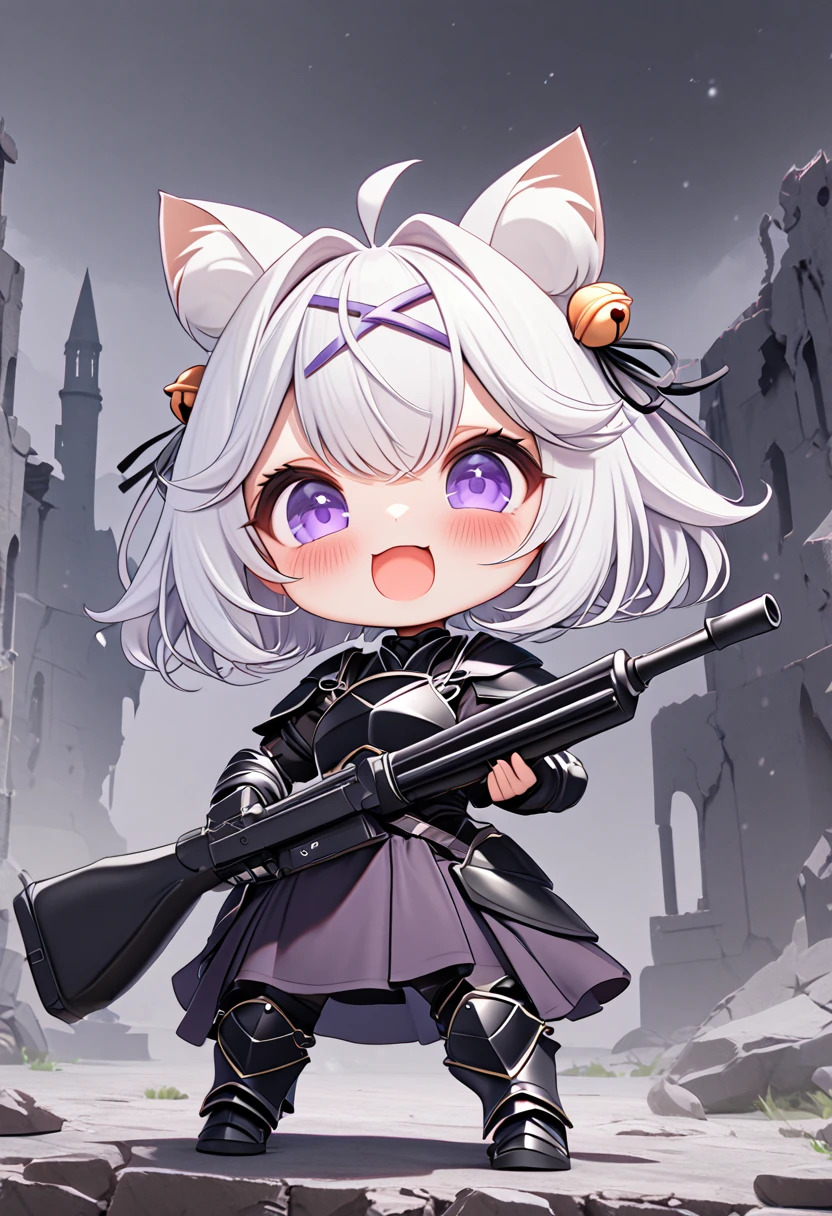 master piece, best quality, ultra-detailed, illustration, 1girl, solo, chibi, (big head), cute pose, front view, looking at viewer, ((full body Close up)), Filiansailor, (purple hairclip:1.5), (hair bell:1.5), white hair, short hair, cat ears, ahoge, purple eyes, blush, open mouth, laughing, fluffy tail, black knight armor, short cape, metal breastplate, black gauntlet, armored skirt, metal greaves, armored boots, (holding machine gun:1.5) battlefield background, gloomy atmosphere, broken castle, broken walls, broken windows