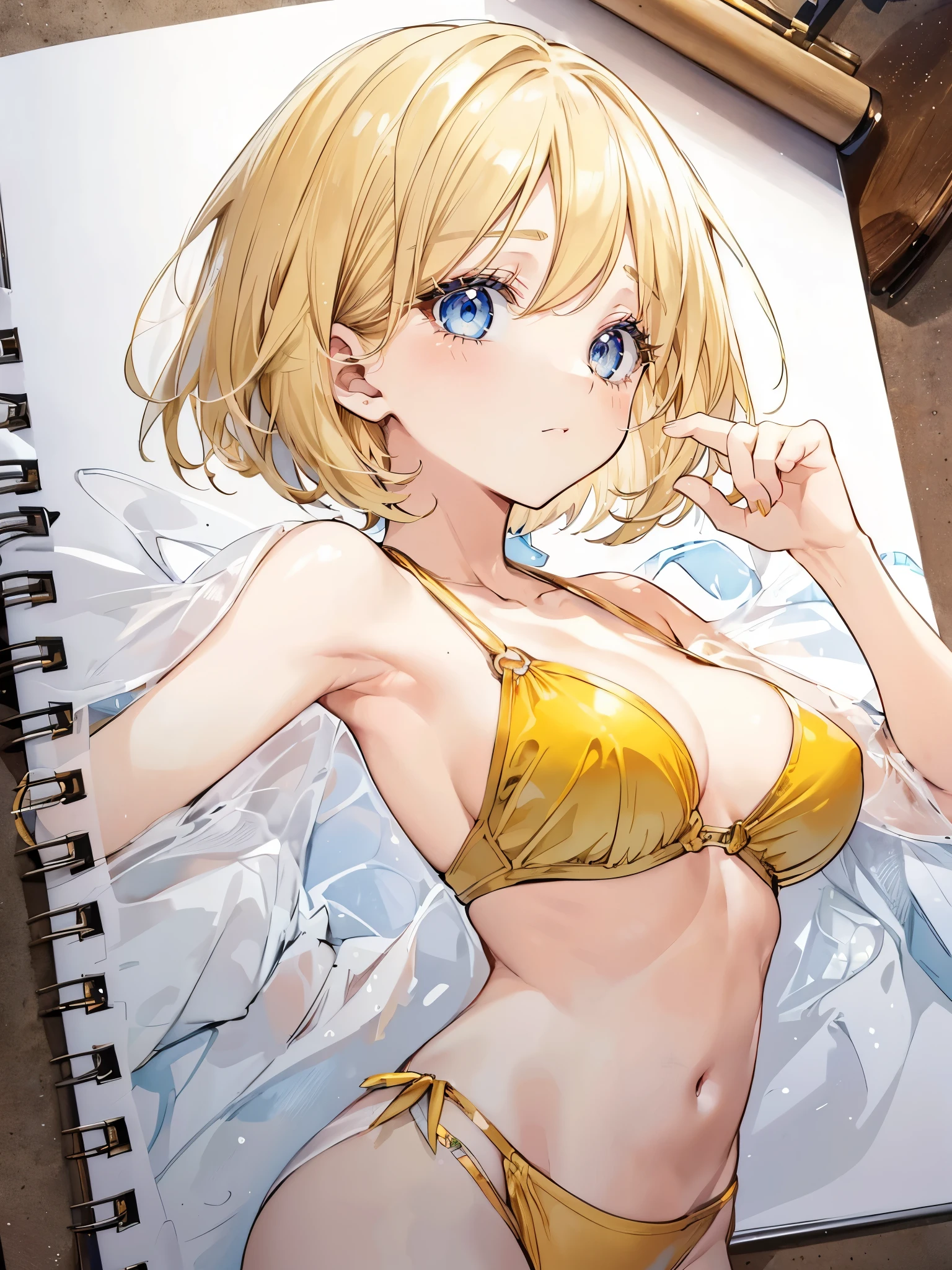 A super-fast punch　Official art using hand-drawn watercolor sketch technique,Golden bikini girl　Transverse chest (Little Girl:1.5)(Small body) (blonde:1.5）(eyelash:1.2) (Short Bob Hair:1.4), (Blue eyes)(Big Breasts:1.3)
