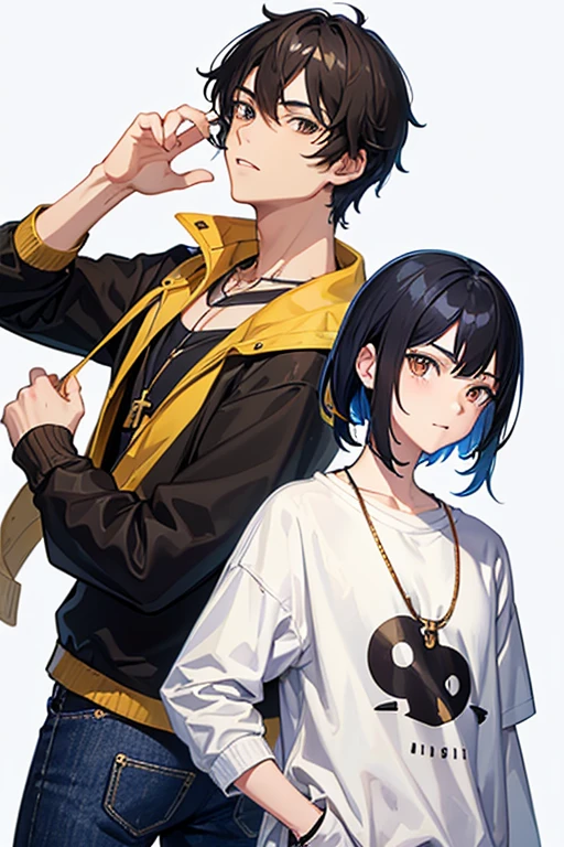 Bennett from Genshin Impact, , black hair, brown eyes, open white sweatshirt, black t-shirt, gold cross necklace, blue jeans, looking in profile directly at viewer, white background