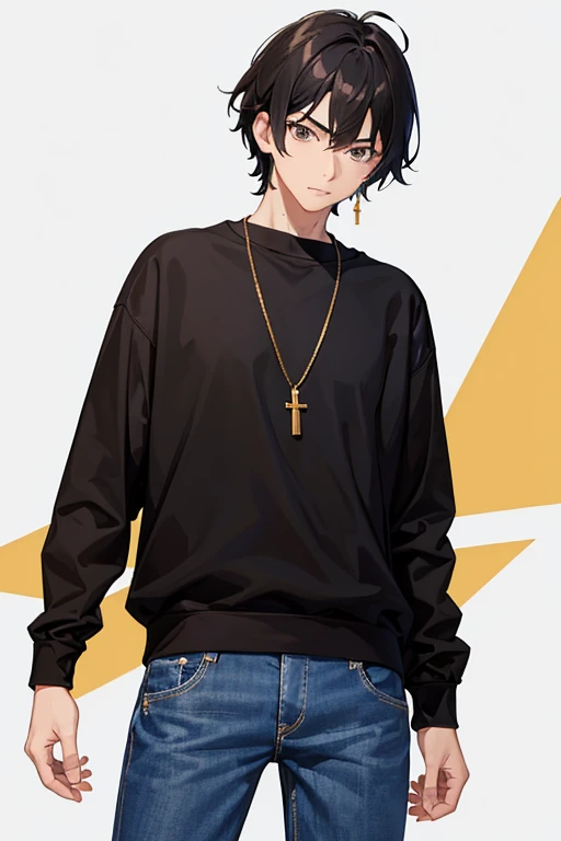 Bennett from Genshin Impact, , black hair, brown eyes, open white sweatshirt, black t-shirt, gold cross necklace, blue jeans, looking in profile directly at viewer, white background