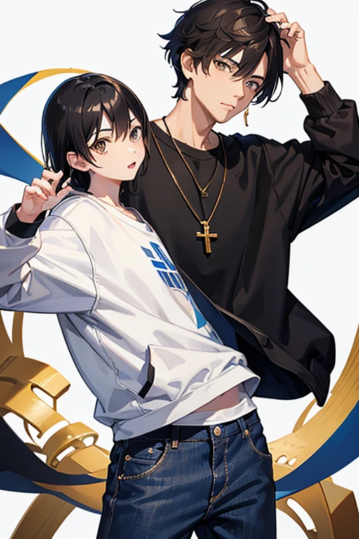 Bennett from Genshin Impact, , black hair, brown eyes, open white sweatshirt, black t-shirt, gold cross necklace, blue jeans, looking in profile directly at viewer, white background