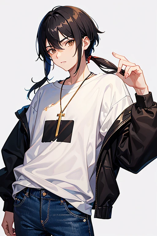Bennett from Genshin Impact, 16 years old, black hair, brown eyes, open white sweatshirt, black t-shirt, gold cross necklace, blue jeans, looking in profile directly at viewer, white background