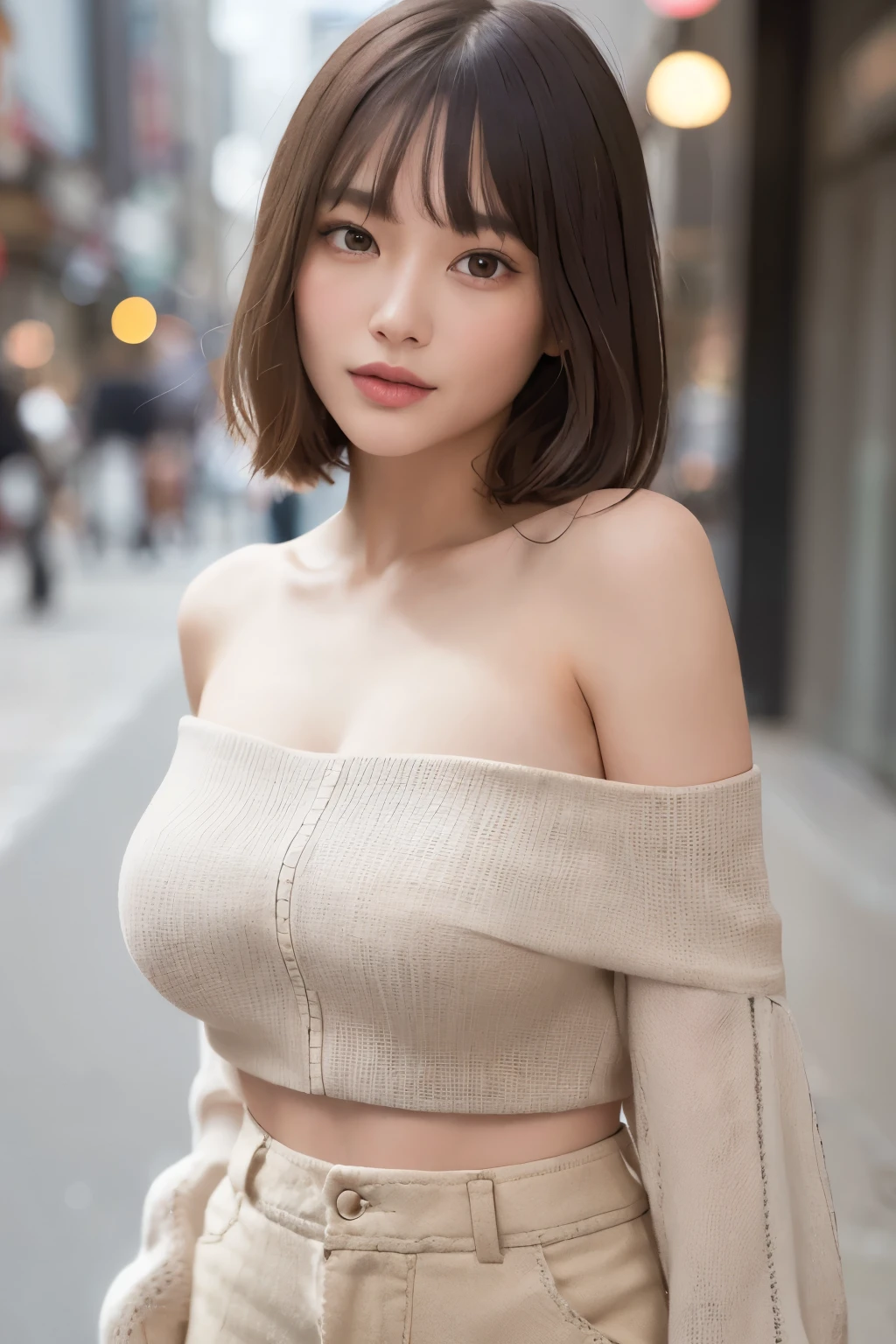 white knit mini dress, 8k,best quality, masterpiece, ultra detailed, ultra high res, photorealistic, raw photo, absolutely resolution, (1girl), upper body shot, looking at viewer ,a Japanese young pretty girl, hyper cute face, glamorous figure, large ,long bob hair ,(High-waisted shorts, off-the-shoulder top, espadrilles:1.3),beautiful eyes, Walking through ,glossy lips, double eyelids in both eyes, natural makeup, long eyelashes, shiny smooth light brown long bob hair, asymmetrical bangs, shiny skin, central image, high resolution, high detailing, detailed hairstyle, detailed face, spectacular movie lighting, octane rendering, vibrant, hyper realistic, perfect limbs, perfect anatomy, in the city, back shot
