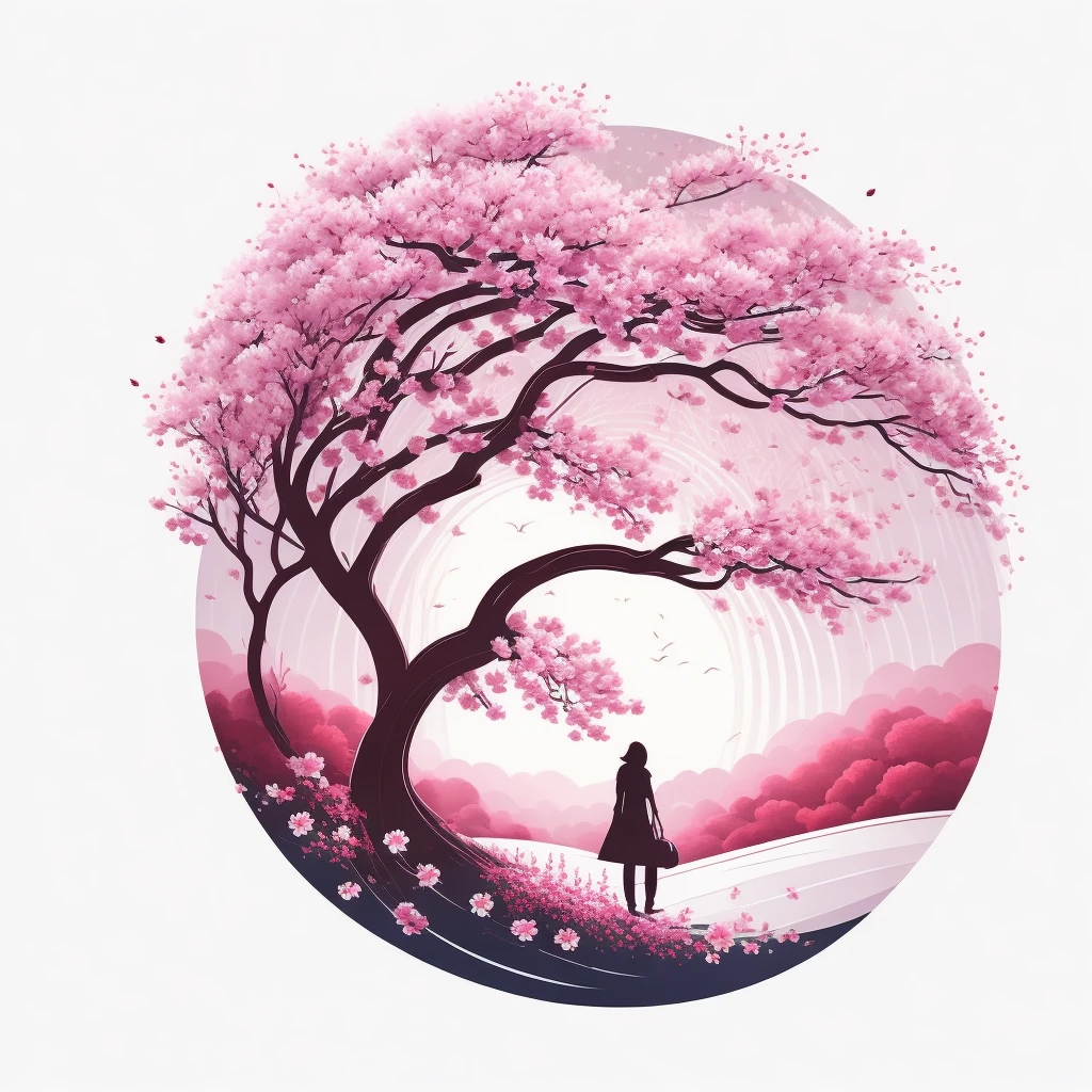 A cherry blossom tree in spring landscape, t-shirt design, rzminjourney, vector art, circular silhouette, white background