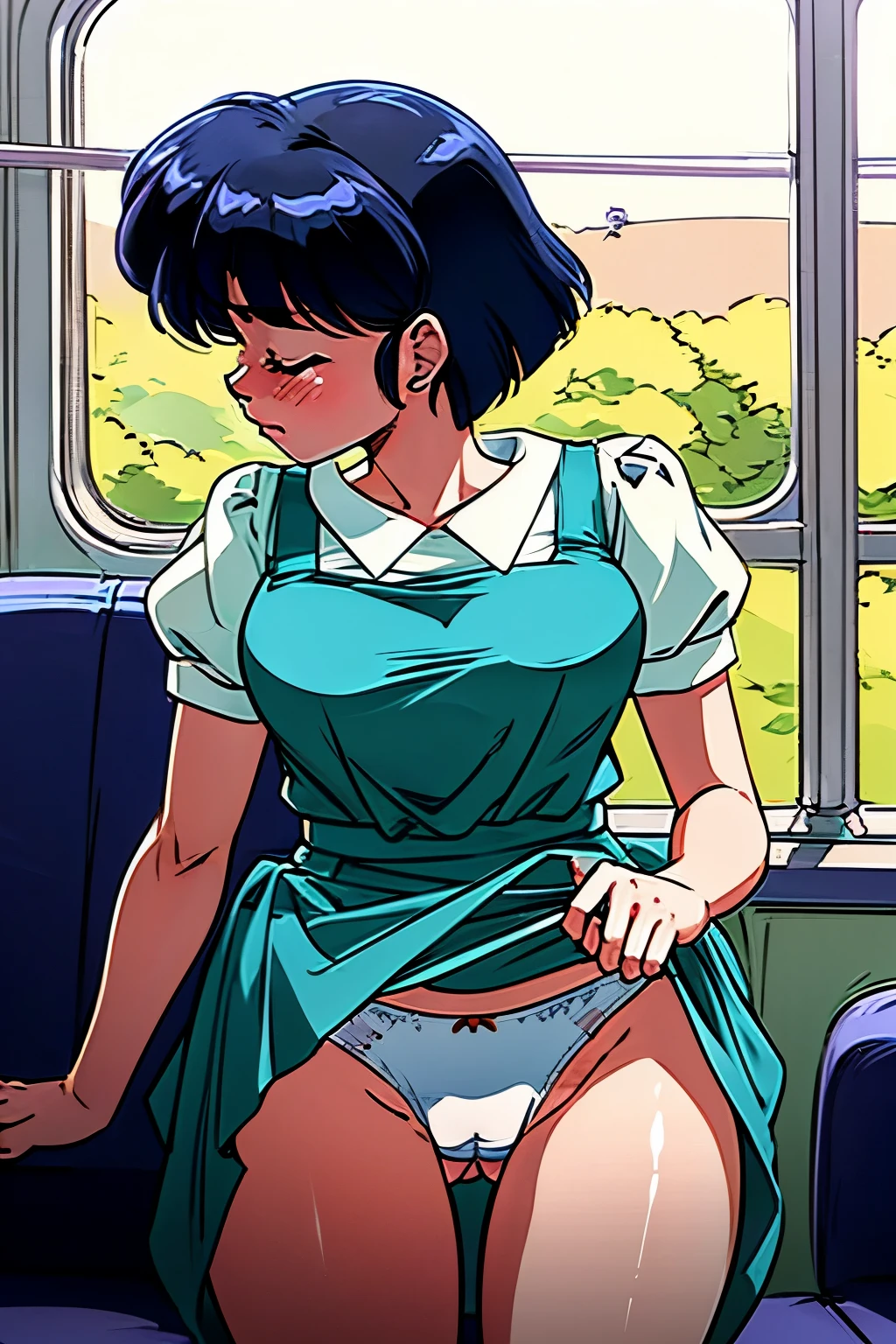 ((masterpiece)),((best quality)),ultra-detailed,illustration,Explicit,Beautiful body,Beautiful Nose,perfect eyes,perfect face,wallpaper,ultra highres,4K,photography,anime screencap,official style,shiny skin,faint lips,BREAK,nsfw,1girl,solo,Akane_tendo,Blue hair,furinkanuniform,slender,wearing white panties,BREAK,blush,angry,closed eyes,closed mouth,tears,cameltoe,lift skift,show white panties,looking side,(cowboy shot:1.2),from forward,on the train