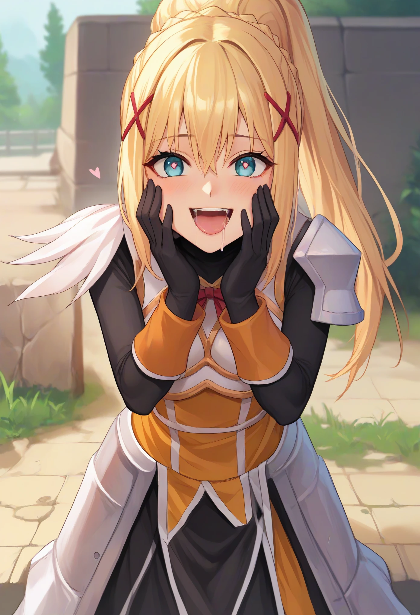 score_9, score_8_up, score_7_up, source_anime, solo, 1girl, ksdarkness, happy, looking at viewer, saliva, hands on own face, braid, ponytail, x hair ornament, heart-shaped pupils, armored dress, shoulder armor, breastplate, bodysuit, black gloves, outdoors 