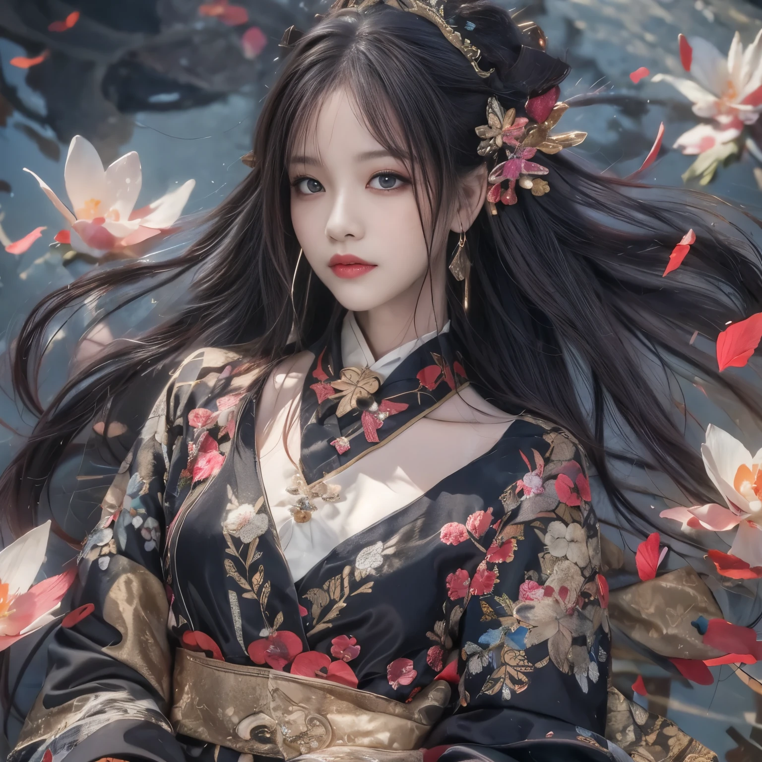 32K（masterpiece，k hd，hyper hd，32K）long flowing black hair，pond，flower， color， Aozhou people （concubine girl）， （silk scarf）， battle stance， Looking at the ground， long gray hair， floating hair， carp pattern headdress， Chinese Long Sleeve Clothing， （abstract ink stains：1.2）， 분홍color flower잎 배경，분홍color과 흰color 연flower이 날아다닌다（In reality：1.4），검은 color 머리카락，Fallen leaves are fluttering，The background is pure.， high resolution， Detail， RAW photographer， sharp ash， Nikon D850 film stock photo: Jefferies Lee 4 Kodak Portra 400 카메라 F1.6 shots, 풍부한 color상, Very realistic vivid textures, dramatic lighting, Unreal Engine Art Station Trends, Sinestyr 800，long flowing black hair，denim skirt