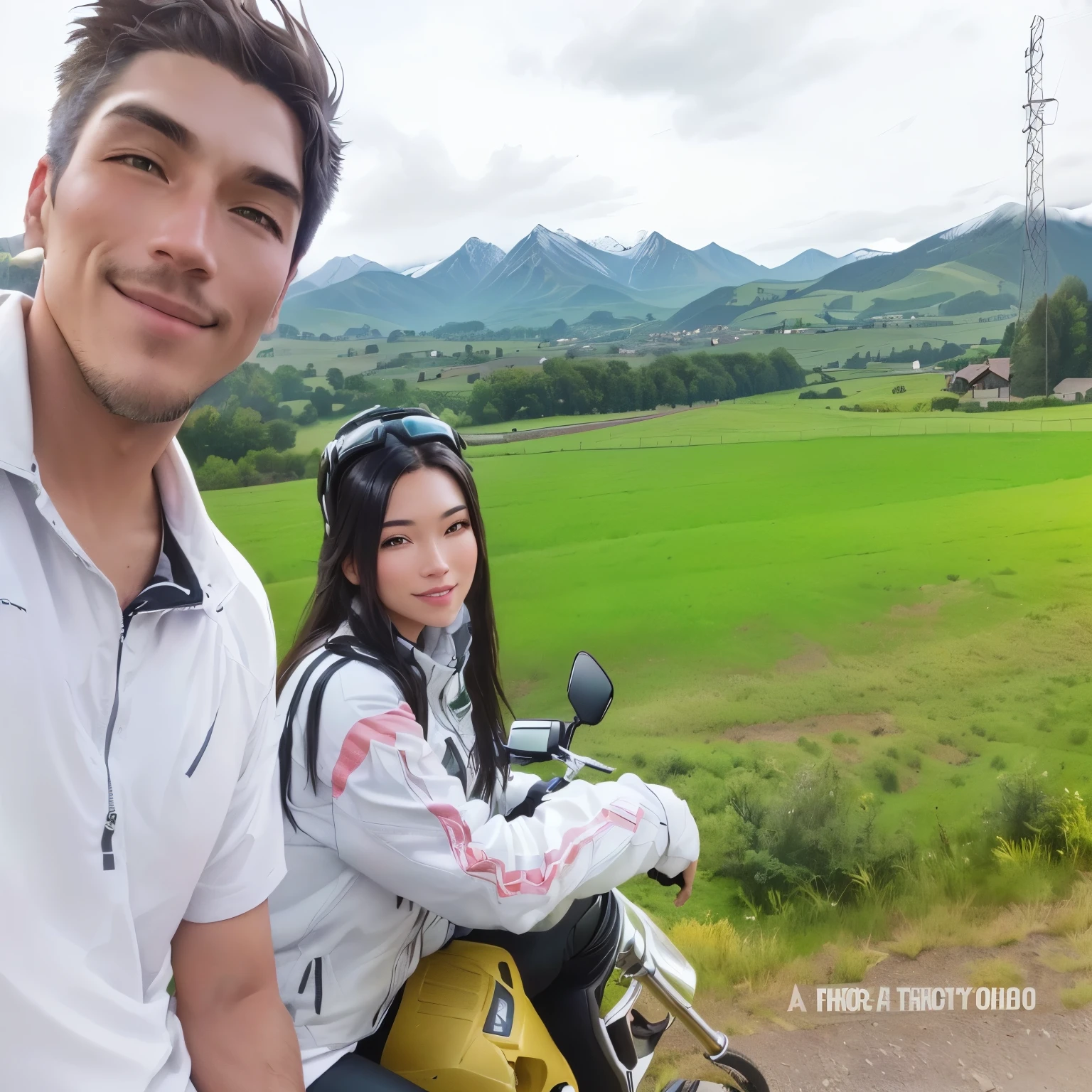 there is a man and woman that are sitting on a motorcycle, with mountains in the background, hills in the background, with mountains in background, shot on gopro9, taken on go pro hero8, in the countryside, 8k selfie photograph, vacation photo, with mountains as background, green fields in the background, mountains in the background, taken with sony alpha 9