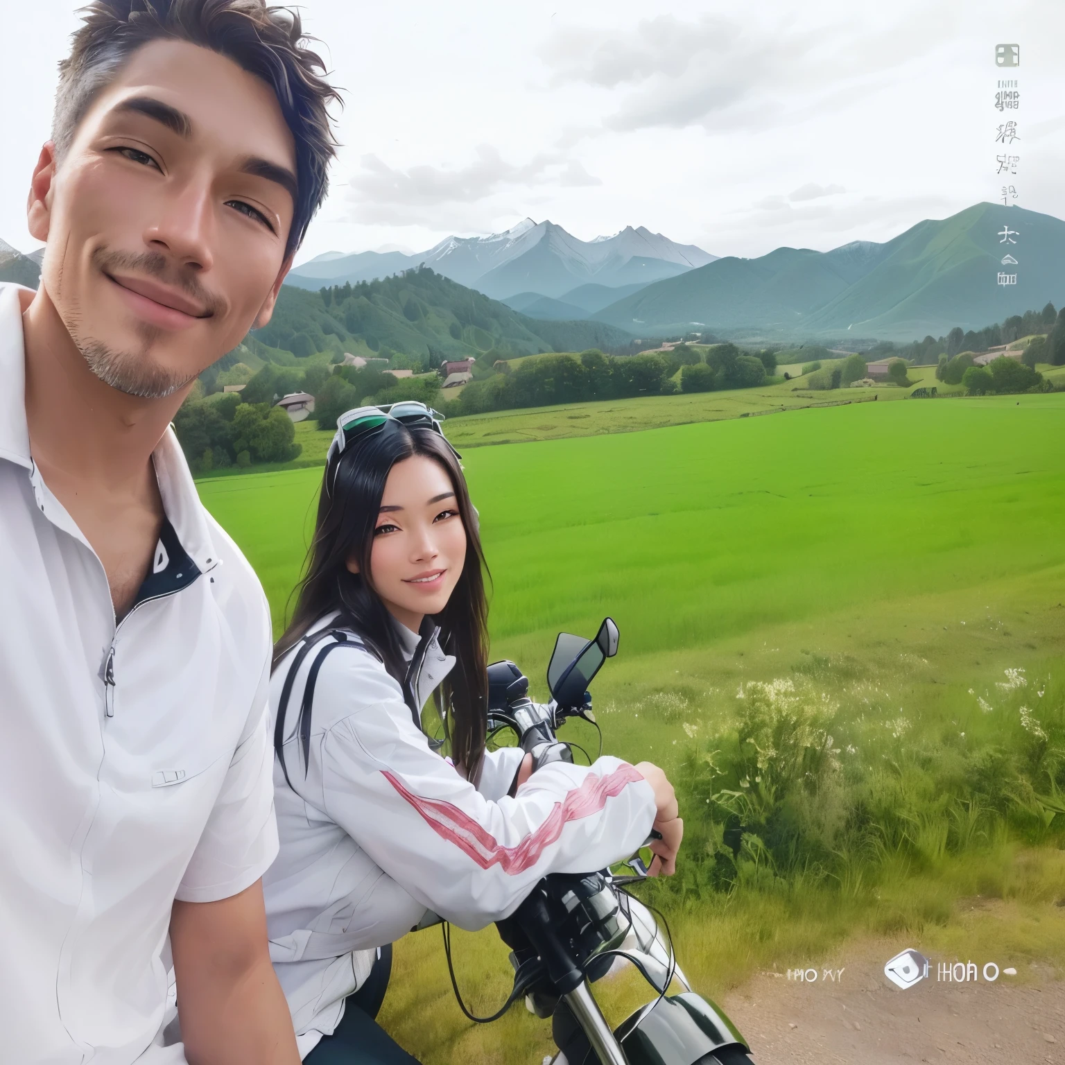 there is a man and woman that are sitting on a motorcycle, with mountains in the background, hills in the background, with mountains in background, shot on gopro9, taken on go pro hero8, in the countryside, 8k selfie photograph, vacation photo, with mountains as background, green fields in the background, mountains in the background, taken with sony alpha 9