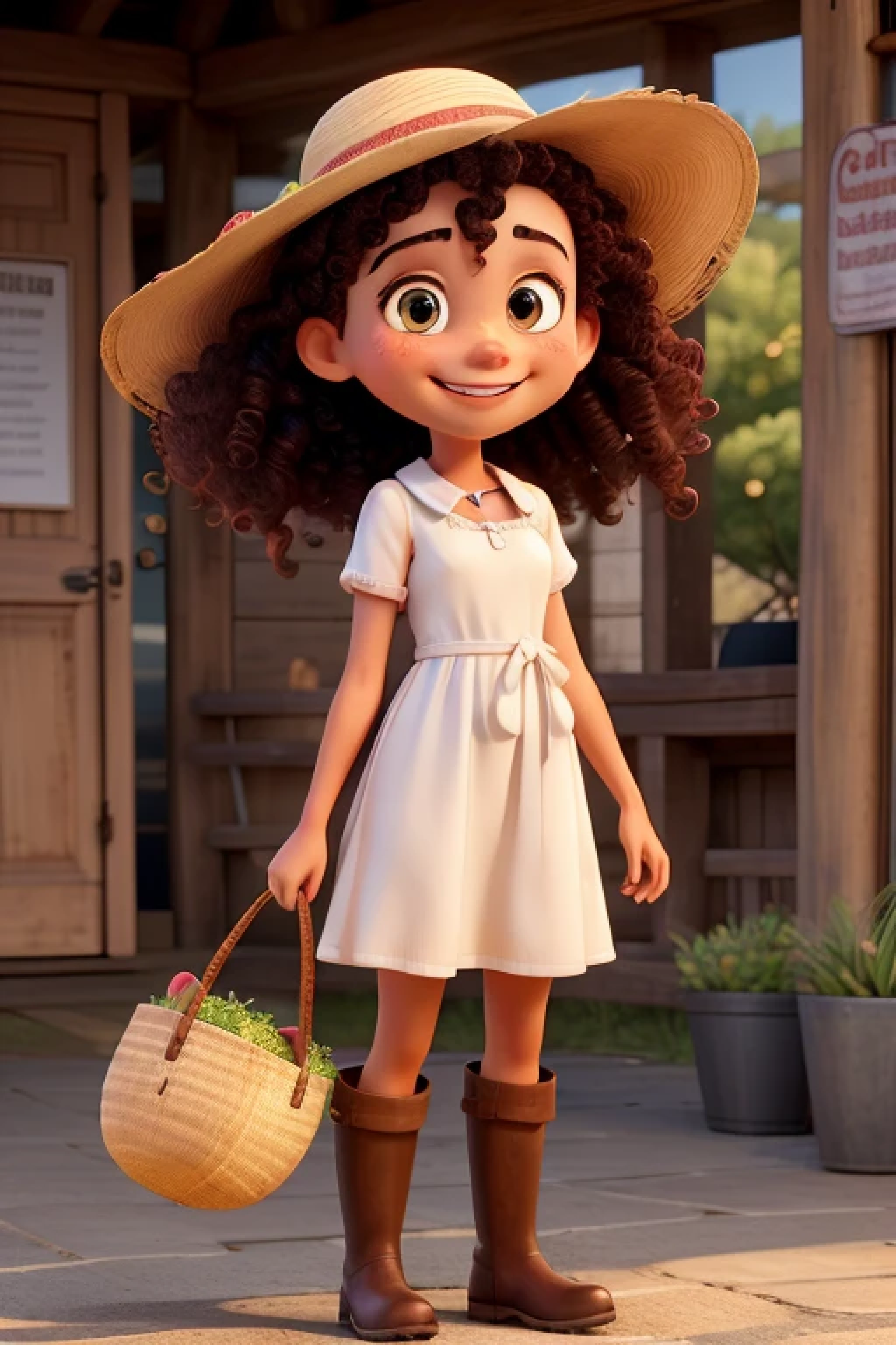 best qualityer. a girl, aged 13, loose white beach style dress. Simple and small brown rubber boot, brown straw hat with legible writing, the words Country Girl with legible writing and red color. A straw basket in the right hand filled with colorful flowers and twigs of fennel. Left hand waving a length. tanned skin color. eyes browns. Loose and curly hair. With a captivating smile on his face and red lips. 