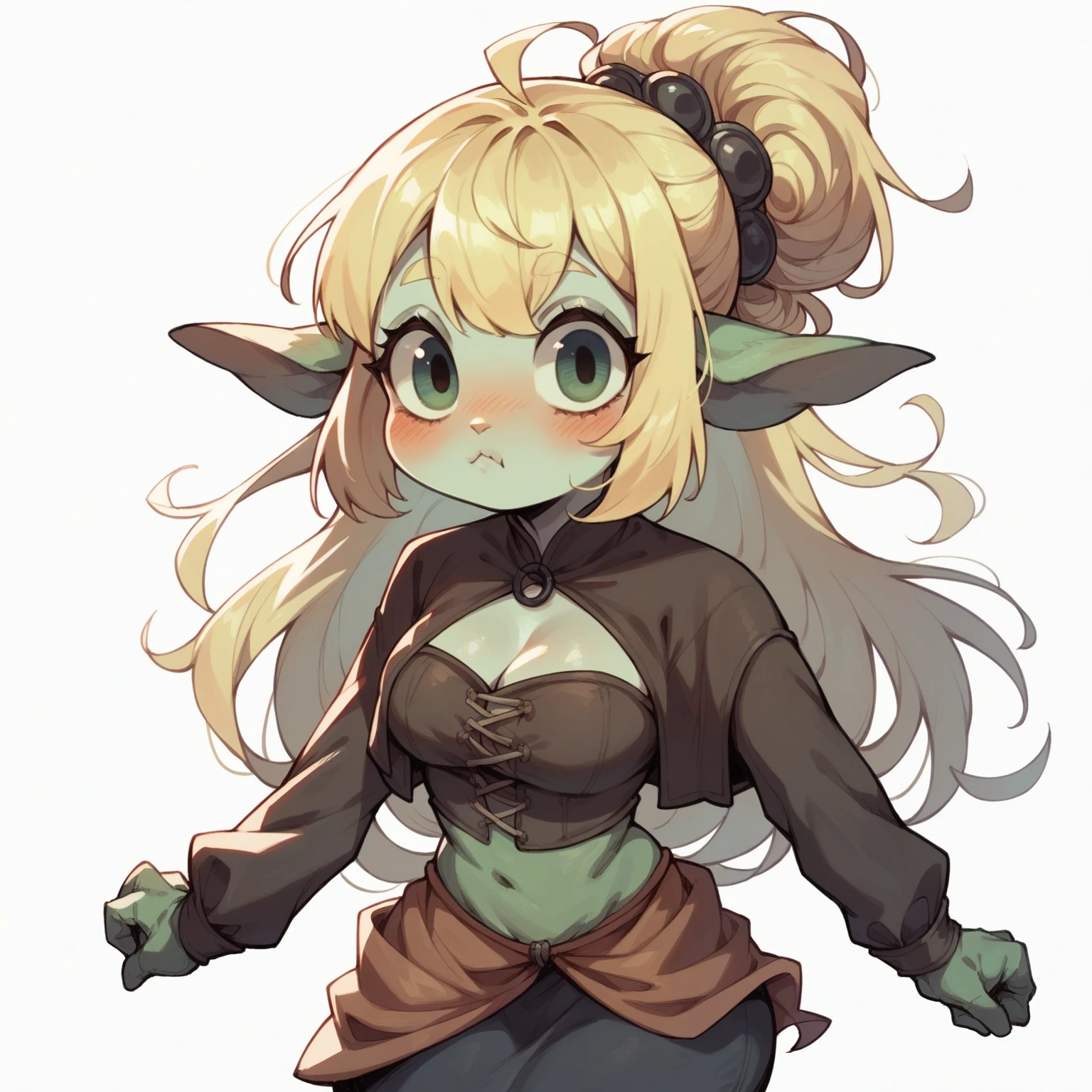 breasts big, big-ass, long hair, hair with bangs, hair blonde, purples eyes, blush cheeks