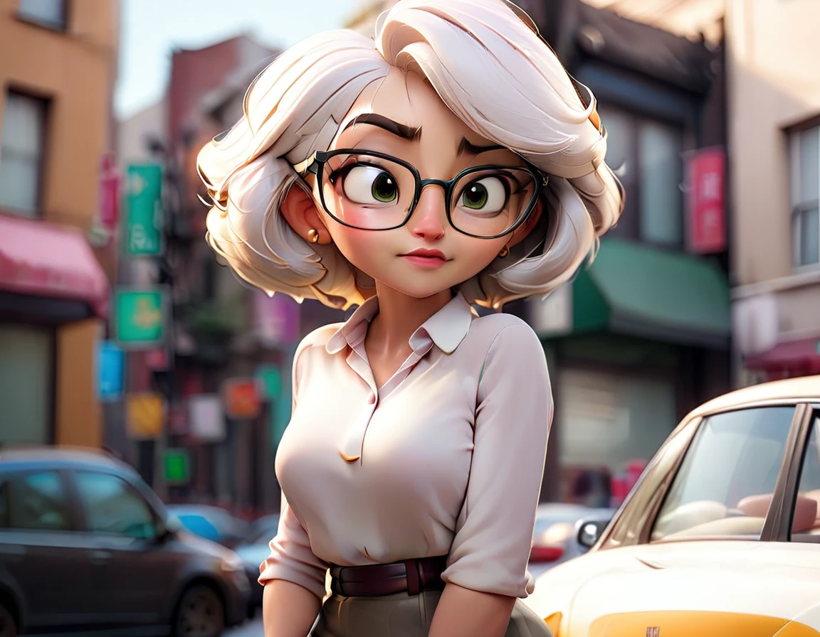 A woman with glasses, short white hair, large breasts, thin waist, wide hips, wearing a white blouse and happy with her appearance and the people on the street looking at her