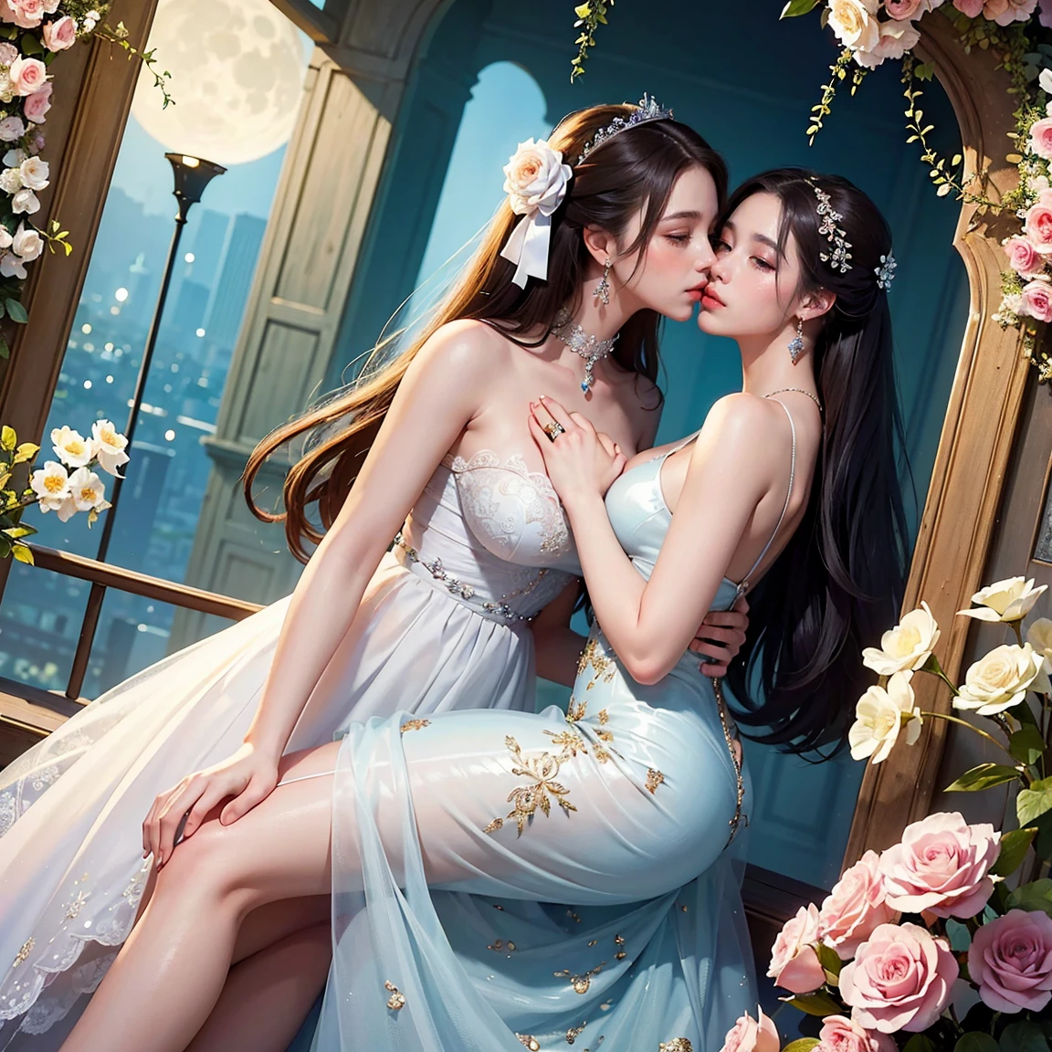 (masterpiece, highest quality, official art, beauty and aesthetic:1.5), (perfect anatomy, perfect hands), two stunning bride is deeply in love with each other, kiss, romantic atmosphere, flower and moon, magnificent panorama view