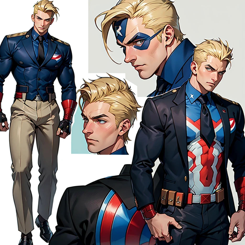 A model sheet of a muscular adult Captain America, short blonde quiff hair, shaved neck, wears a light beige suit-style outfit, dark blue blouse underneath and black tie, black pants and black shoes, Using detailed gauntlets, in different poses, various face angles, Facial expressions, 8k quality.